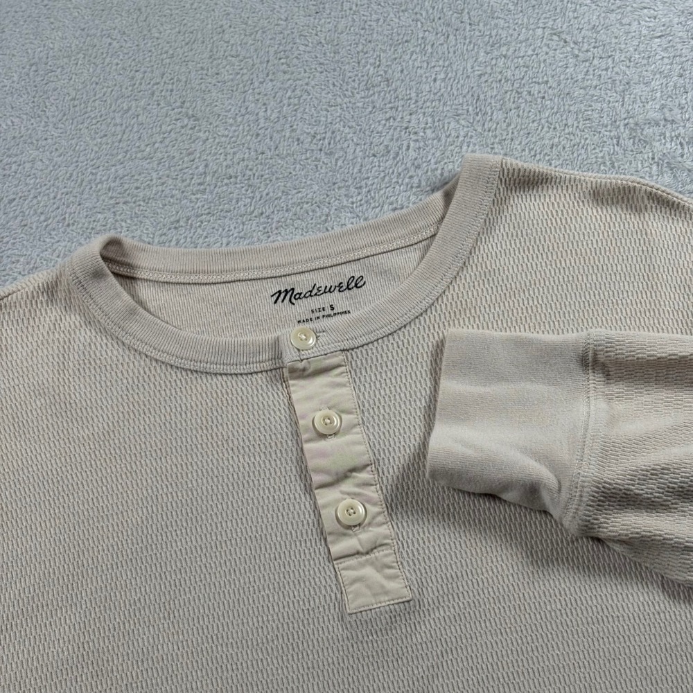 Madewell Mens Waffle Knit Henley Shirt Oatmeal Beige Long Sleeve Thermal Small